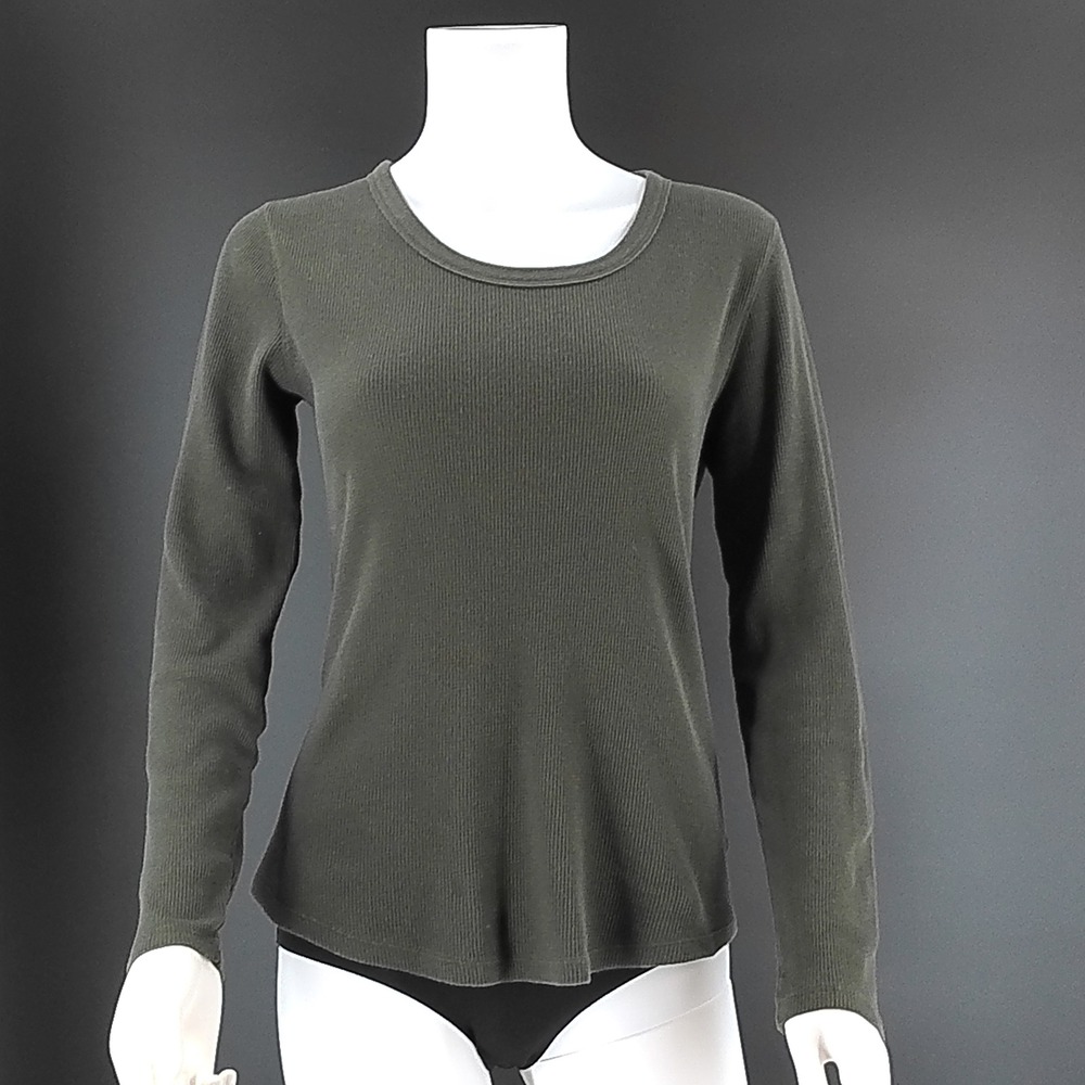 Gap Womens Medium Olive Green Waffle Knit Long Sleeve Thermal Top Curved Hem